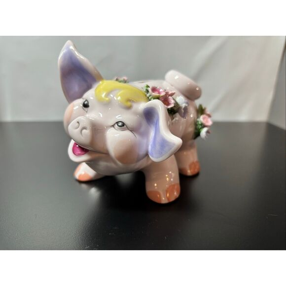 Vintage Lefton Piggy Bank Pig Porcelain Figurine With 3D Flower - Picture 1 of 14